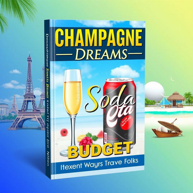 An enticing and vibrant Kindle ebook cover for "Champagne Dreams on A Soda Budget: Inexpensive Ways To Travel Like Rich Folks"