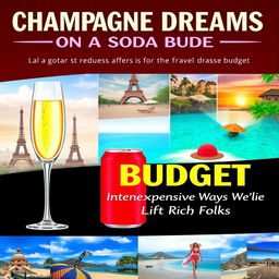 An enticing and vibrant Kindle ebook cover for "Champagne Dreams on A Soda Budget: Inexpensive Ways To Travel Like Rich Folks"