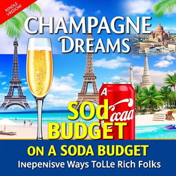 An enticing and vibrant Kindle ebook cover for "Champagne Dreams on A Soda Budget: Inexpensive Ways To Travel Like Rich Folks"