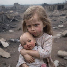 A little girl, with tears streaking down her face, grasping tightly onto a doll amidst the backdrop of a war-torn landscape reflecting chaos and destruction.