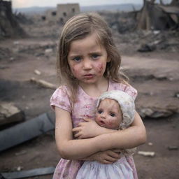 A little girl, with tears streaking down her face, grasping tightly onto a doll amidst the backdrop of a war-torn landscape reflecting chaos and destruction.