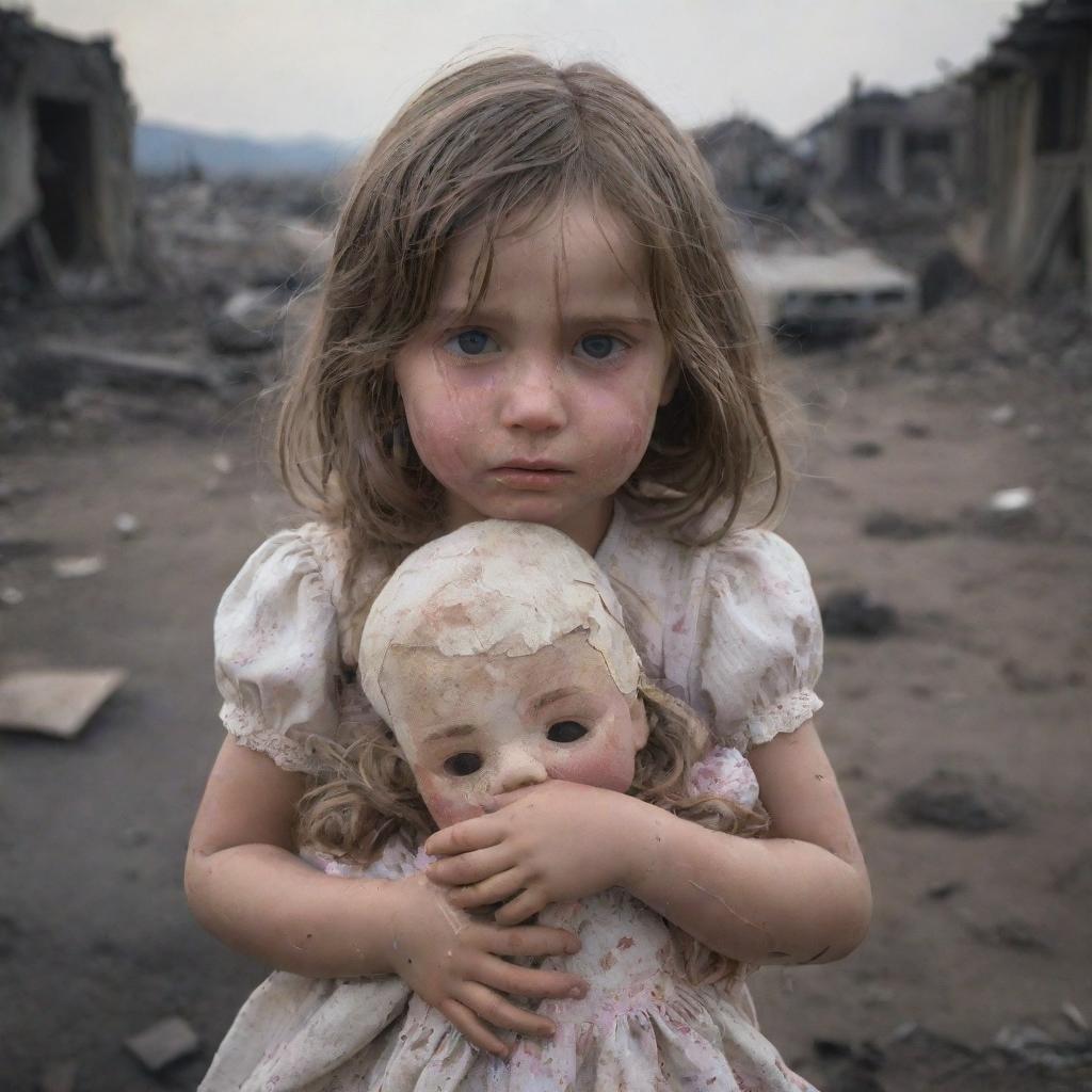 A little girl, with tears streaking down her face, grasping tightly onto a doll amidst the backdrop of a war-torn landscape reflecting chaos and destruction.