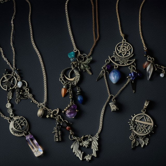 An assortment of magical witch necklaces, adorned with crystals, moon symbols, and rustic metal charms, shimmering under mysterious low light.