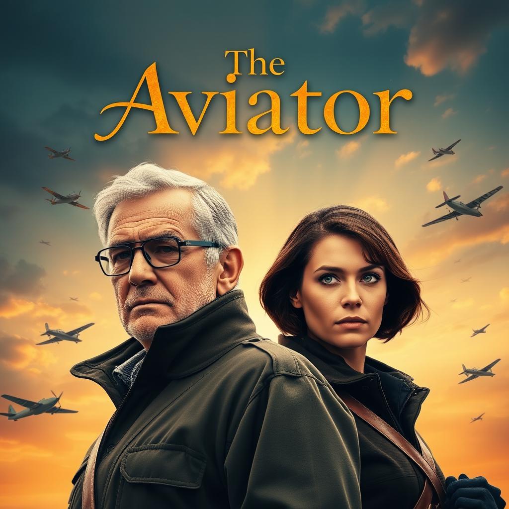 An emotionally epic movie poster featuring two pilots, an older man resembling Bill Nighy, who looks like a seasoned version of Billy Mack from Love Actually, and a younger, attractive woman with short brown hair and striking blue eyes