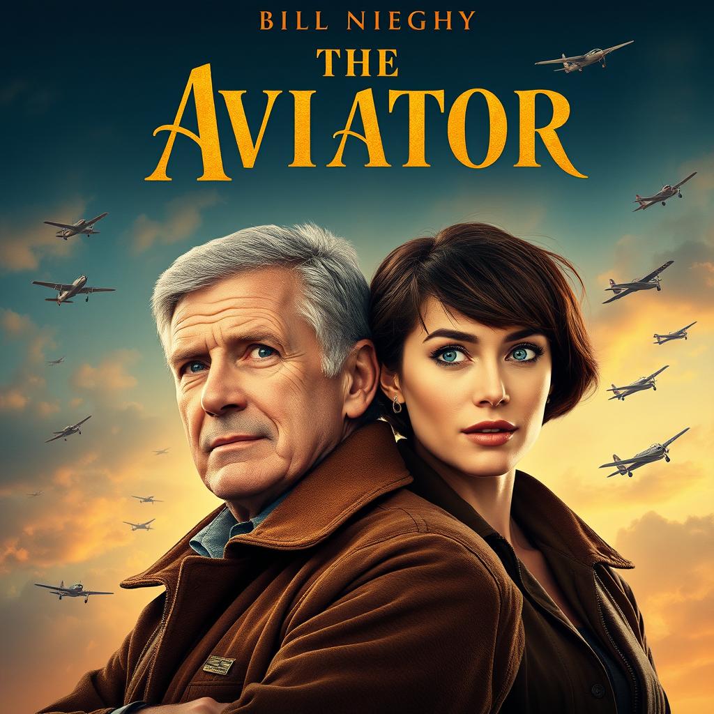 An emotionally epic movie poster featuring two pilots, an older man resembling Bill Nighy, who looks like a seasoned version of Billy Mack from Love Actually, and a younger, attractive woman with short brown hair and striking blue eyes