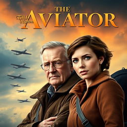 An emotionally epic movie poster featuring two pilots, an older man resembling Bill Nighy, who looks like a seasoned version of Billy Mack from Love Actually, and a younger, attractive woman with short brown hair and striking blue eyes