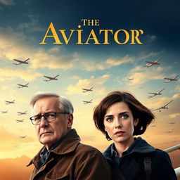 An emotionally epic movie poster featuring two pilots, an older man resembling Bill Nighy, who looks like a seasoned version of Billy Mack from Love Actually, and a younger, attractive woman with short brown hair and striking blue eyes