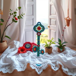 A beautifully arranged setting featuring a crochet piece that symbolizes freedom, with intricate patterns and vibrant colors