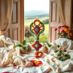 A beautifully arranged setting featuring a crochet piece that symbolizes freedom, with intricate patterns and vibrant colors