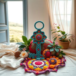 A beautifully arranged setting featuring a crochet piece that symbolizes freedom, with intricate patterns and vibrant colors