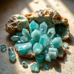 An enchanting arrangement of Amazonite crystals, showcasing their mesmerizing turquoise and green shades