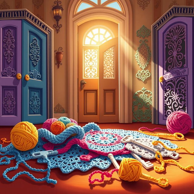 A vibrant illustration of a crochet project symbolizing freedom, featuring intricate crochet patterns in various colors that visually represent keys opening doors