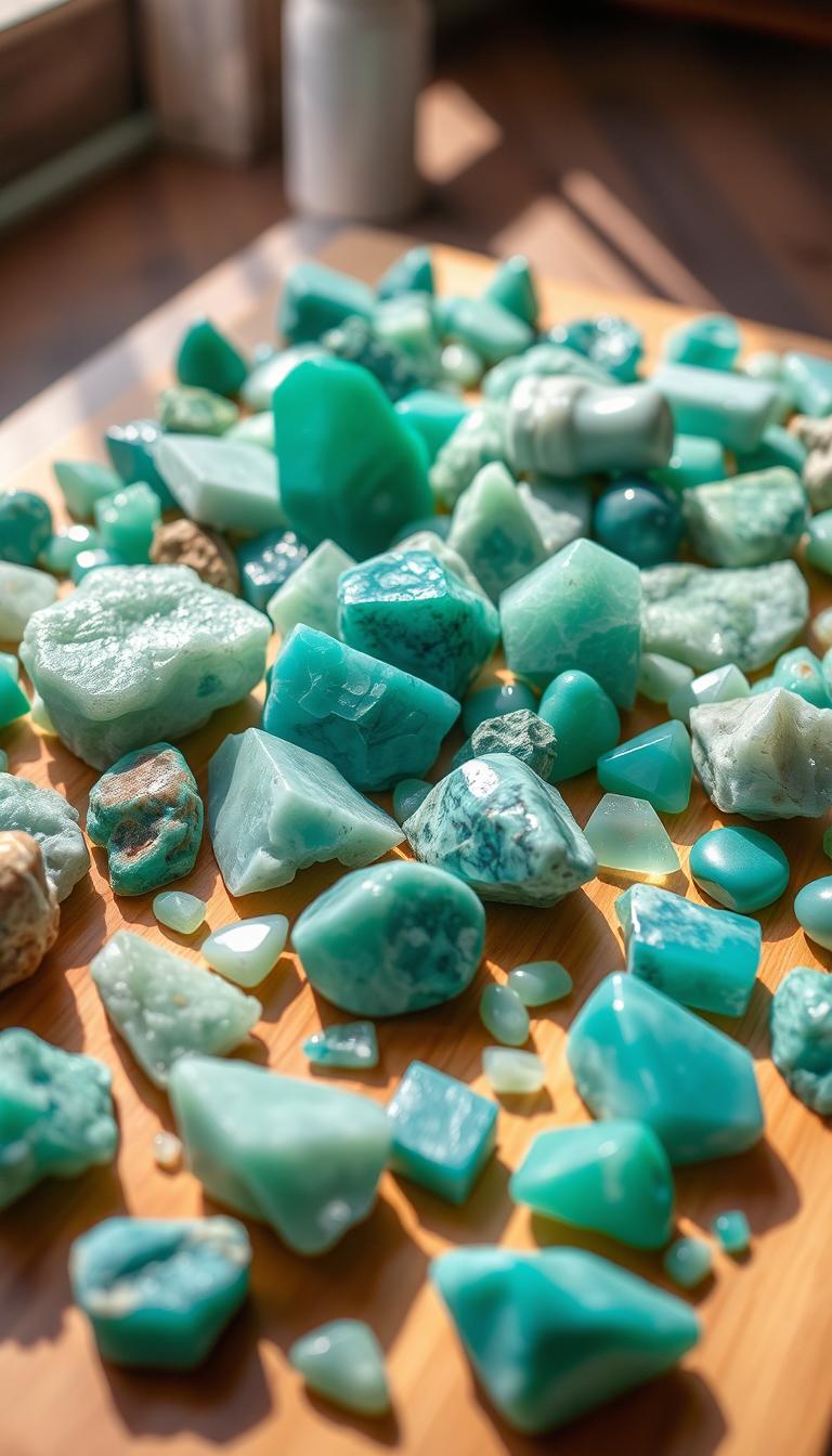 An expansive display of Amazonite crystals, showcasing their vibrant turquoise and green hues in various sizes and shapes