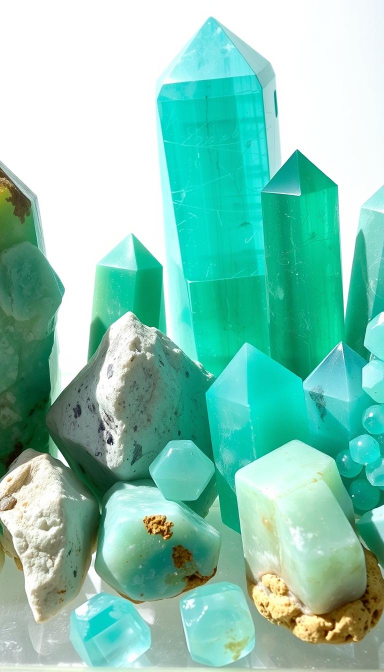 A stunning collection of Amazonite crystals displayed on a transparent background