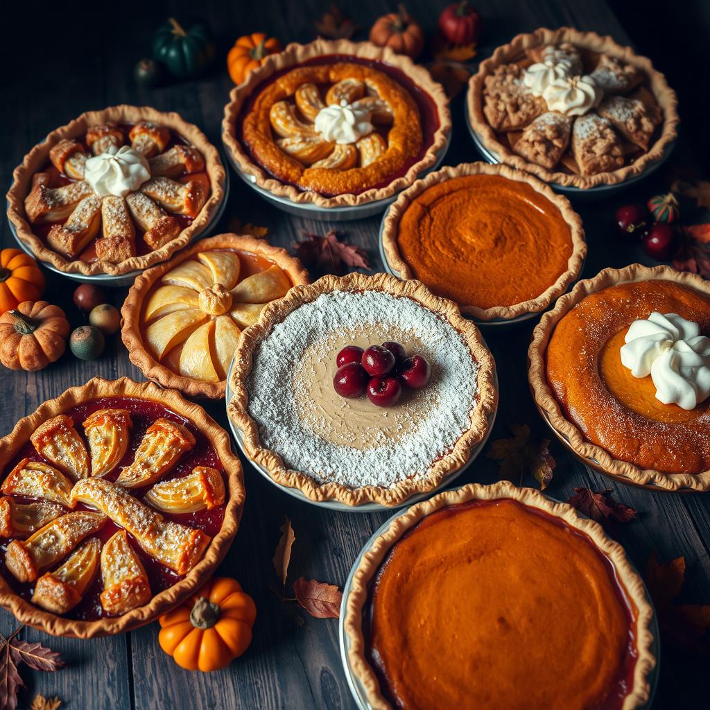 An artistic arrangement of various types of pies, showcasing a delectable assortment including apple, cherry, and pumpkin pies