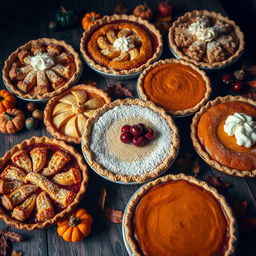 An artistic arrangement of various types of pies, showcasing a delectable assortment including apple, cherry, and pumpkin pies