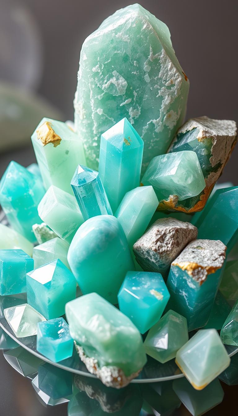 A stunning collection of Amazonite crystals displayed on a transparent background