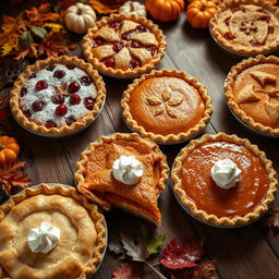 An artistic arrangement of various types of pies, showcasing a delectable assortment including apple, cherry, and pumpkin pies
