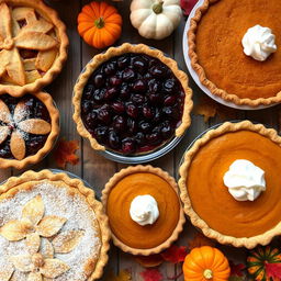 An artistic arrangement of various types of pies, showcasing a delectable assortment including apple, cherry, and pumpkin pies