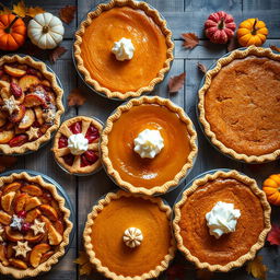 An artistic arrangement of various types of pies, showcasing a delectable assortment including apple, cherry, and pumpkin pies