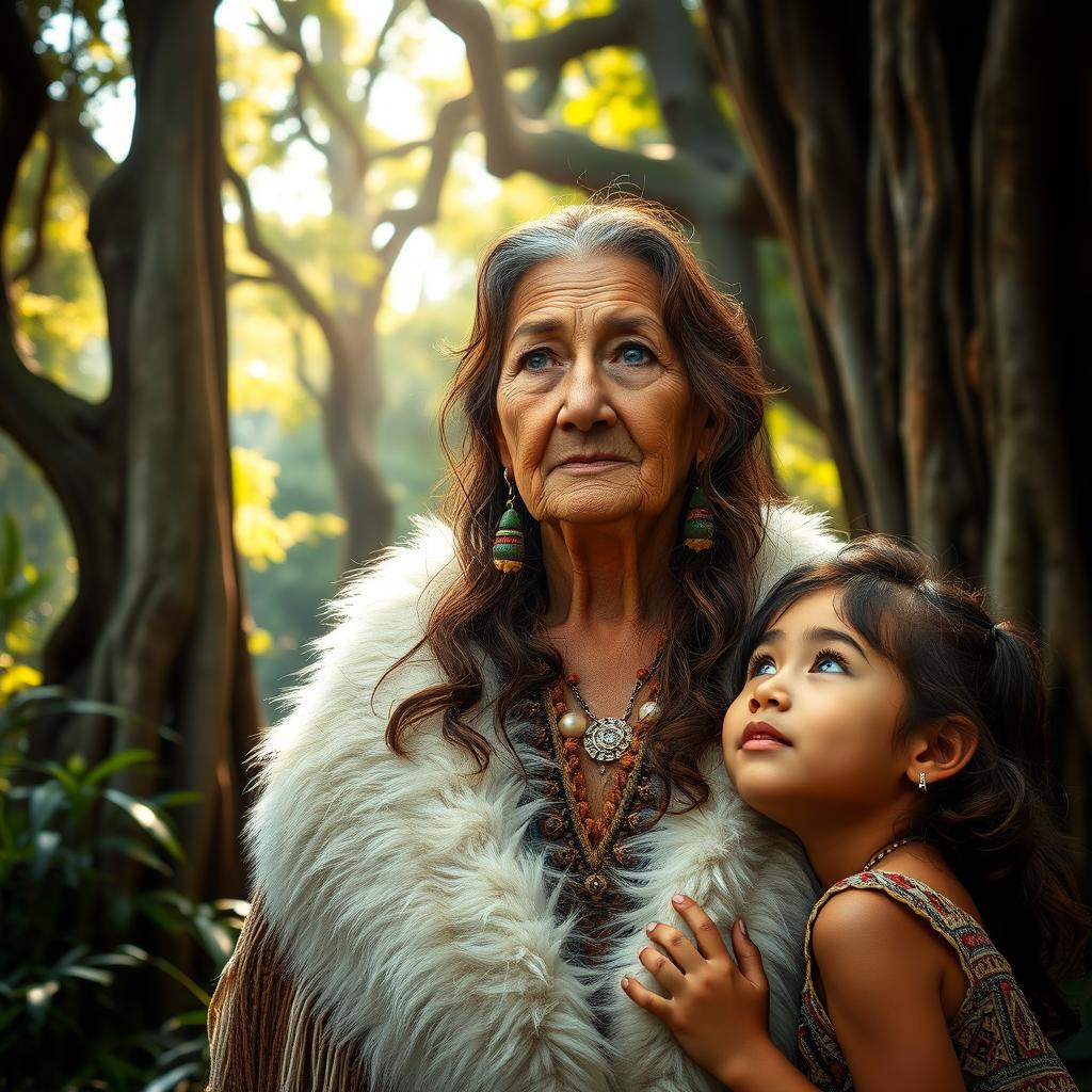 An elderly indigenous woman named Kasimira, wearing a white fur shawl, with wavy brown hair cascading down her shoulders and striking blue eyes