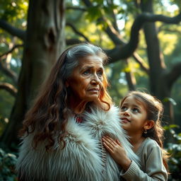 An elderly indigenous woman named Kasimira, wearing a white fur shawl, with wavy brown hair cascading down her shoulders and striking blue eyes