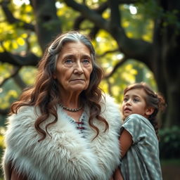 An elderly indigenous woman named Kasimira, wearing a white fur shawl, with wavy brown hair cascading down her shoulders and striking blue eyes