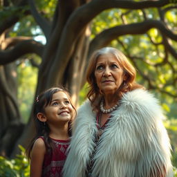 An elderly indigenous woman named Kasimira, wearing a white fur shawl, with wavy brown hair cascading down her shoulders and striking blue eyes