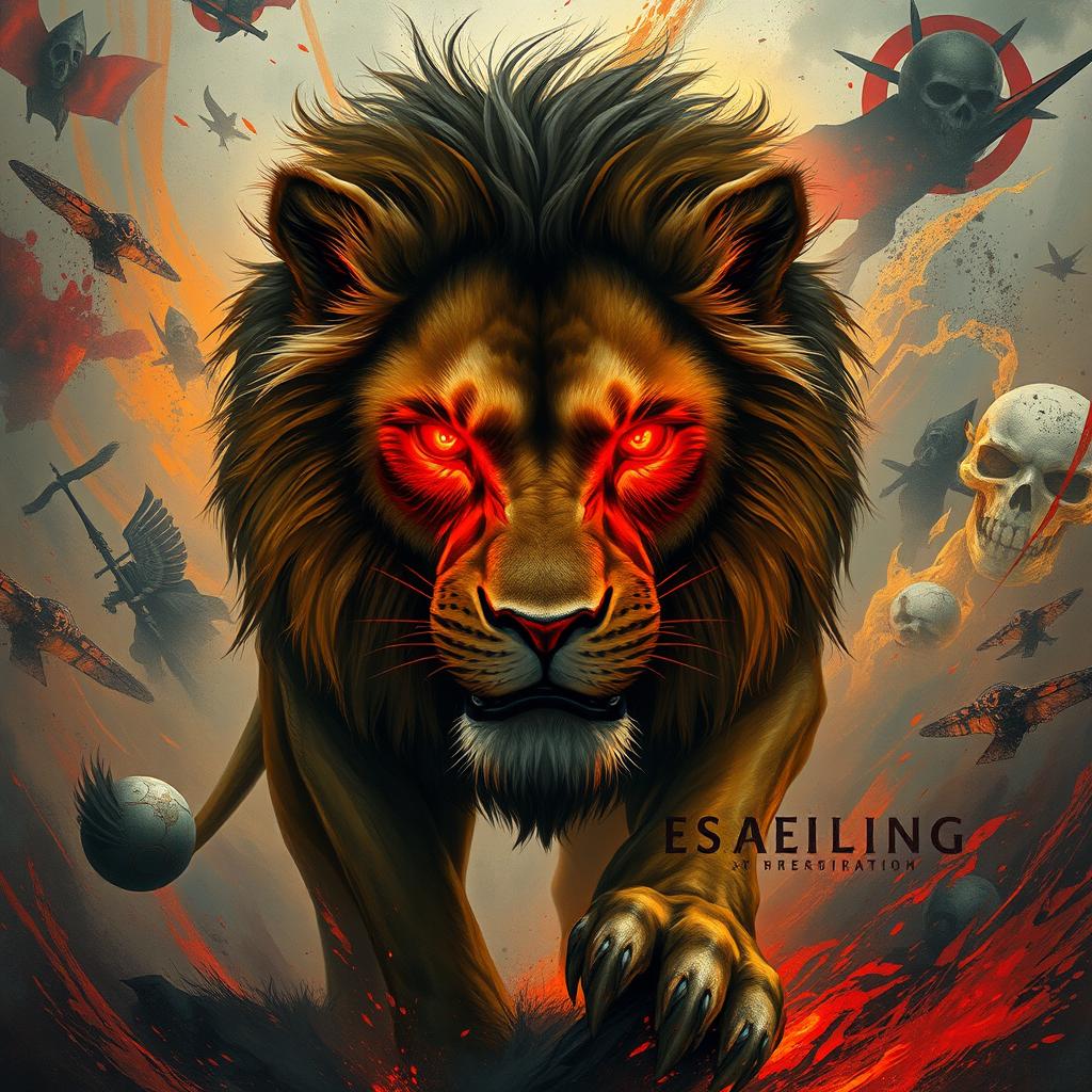 A fierce lion with glowing red eyes, symbolizing strength and conflict, standing amidst a vibrant battlefield