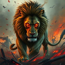 A fierce lion with glowing red eyes, symbolizing strength and conflict, standing amidst a vibrant battlefield