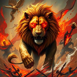 A fierce lion with glowing red eyes, symbolizing strength and conflict, standing amidst a vibrant battlefield