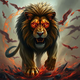 A fierce lion with glowing red eyes, symbolizing strength and conflict, standing amidst a vibrant battlefield