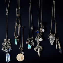 An assortment of magical witch necklaces, adorned with crystals, moon symbols, and rustic metal charms, shimmering under mysterious low light.