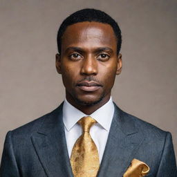 A distinguished black man with striking golden eyes, attired in a stylish suit