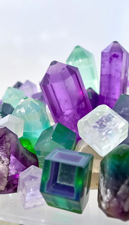 A captivating collection of Fluorite crystals displayed against a transparent background