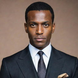 A distinguished black man with striking golden eyes, attired in a stylish suit