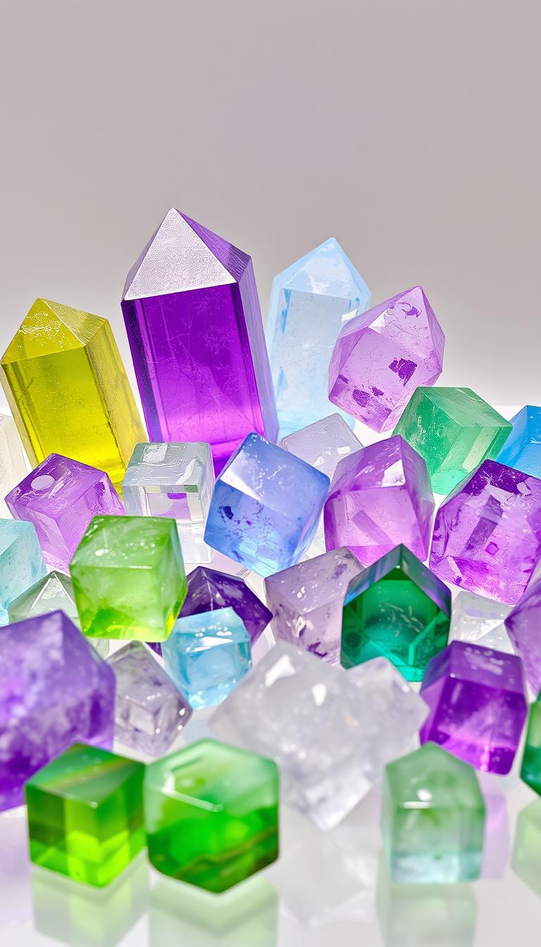 A vibrant assortment of Fluorite crystals displayed against a transparent background