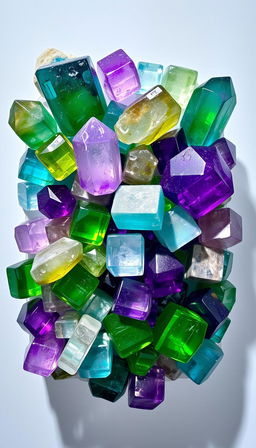 A vibrant assortment of Fluorite crystals displayed against a transparent background