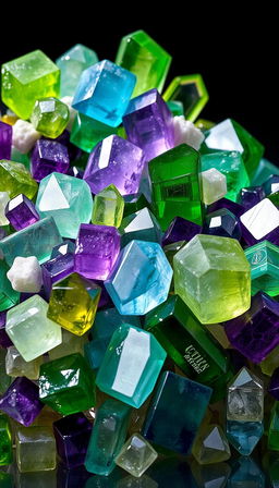 A vibrant assortment of Fluorite crystals displayed against a transparent background