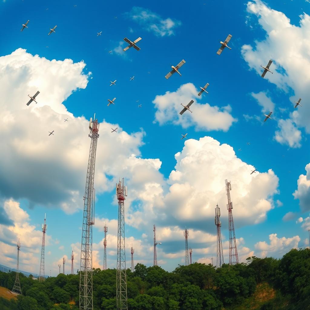 A panoramic view of the sky showcasing multiple satellites and cell towers against a beautiful blue sky adorned with fluffy white clouds