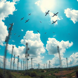 A panoramic view of the sky showcasing multiple satellites and cell towers against a beautiful blue sky adorned with fluffy white clouds