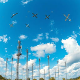 A panoramic view of the sky showcasing multiple satellites and cell towers against a beautiful blue sky adorned with fluffy white clouds