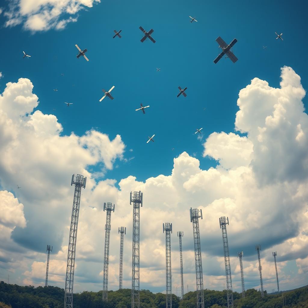 A panoramic view of the sky showcasing multiple satellites and cell towers against a beautiful blue sky adorned with fluffy white clouds