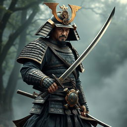 A hyper-realistic portrayal of an ancient samurai, showcasing the warrior in full armor