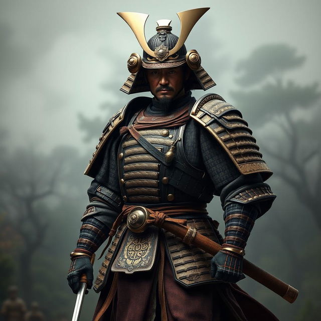 A hyper-realistic portrayal of an ancient samurai, showcasing the warrior in full armor