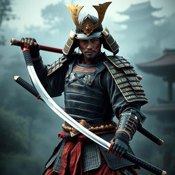 A hyper-realistic portrayal of an ancient samurai, showcasing the warrior in full armor