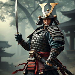 A hyper-realistic portrayal of an ancient samurai, showcasing the warrior in full armor