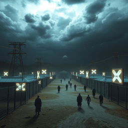 A surreal representation of a virtual concentration camp, depicting a digital environment that combines elements of a concentration camp with futuristic technology