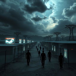 A surreal representation of a virtual concentration camp, depicting a digital environment that combines elements of a concentration camp with futuristic technology