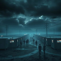 A surreal representation of a virtual concentration camp, depicting a digital environment that combines elements of a concentration camp with futuristic technology